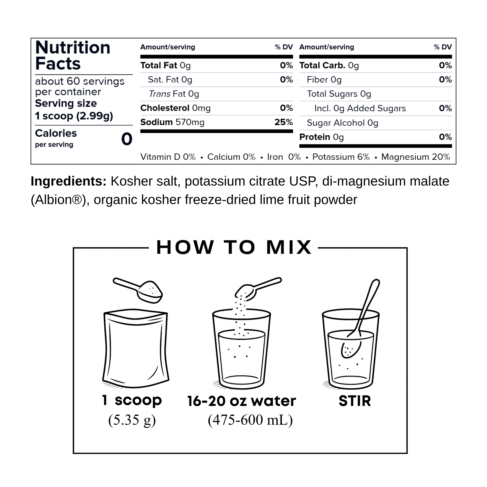 Nutrition facts label and how-to-mix instructions for a product with ingredients listed.