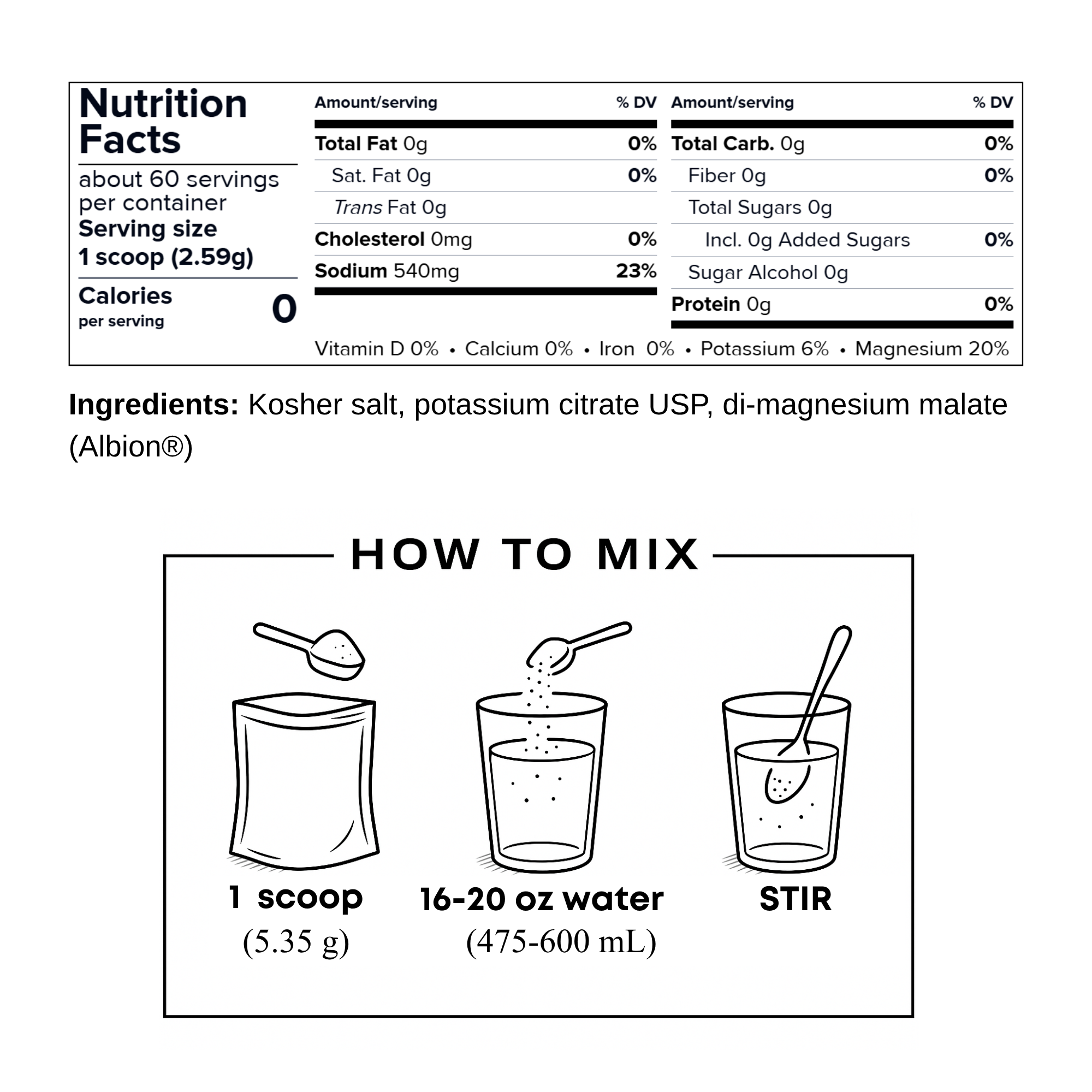 Nutrition facts label and how-to-mix instructions for a supplement product.