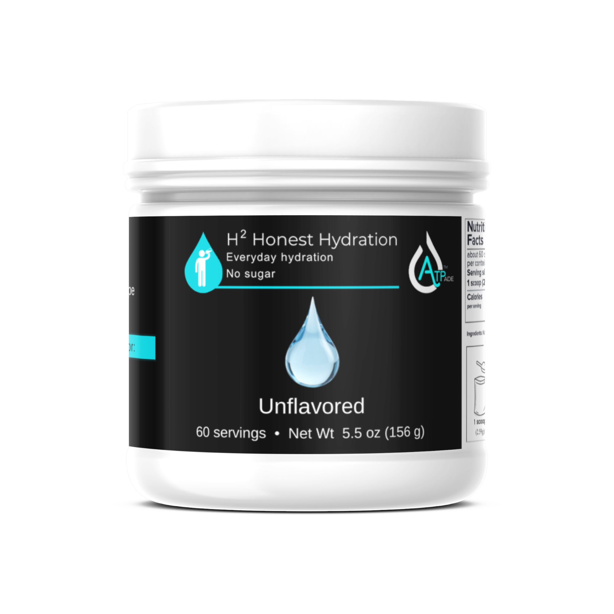 A white plastic jar of H2 Honest Hydration Unflavored drink mix with a black label, shown on a clean white background.