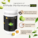 A white tub of ATPade Performance Fuel supplement with a black label, shown alongside ingredient callouts on a light background with lime graphics.