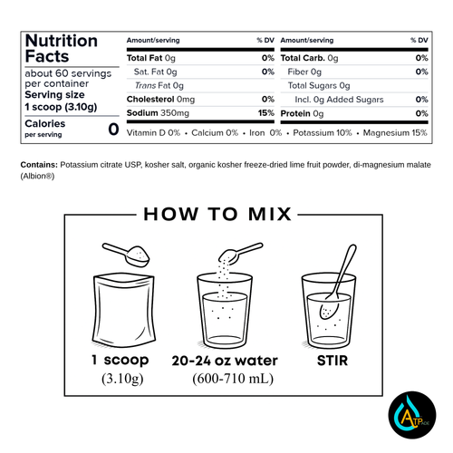Nutrition facts label and mixing instructions for a dietary supplement. The top section shows a Nutrition Facts panel with product details and a note listing ingredients including potassium citrate USP, kosher salt, organic kosher freeze-dried lime fruit powder, and di-magnesium malate (Albion1).