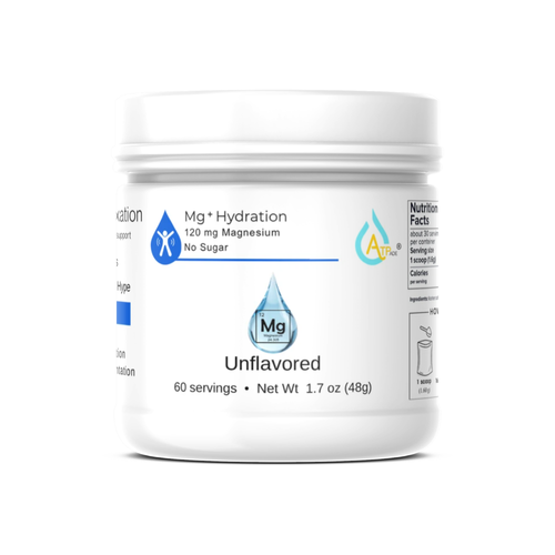 A white plastic tub of Mg * Hydration Unflavored magnesium supplement with a white label featuring blue and gray text and logos, set against a plain white background.