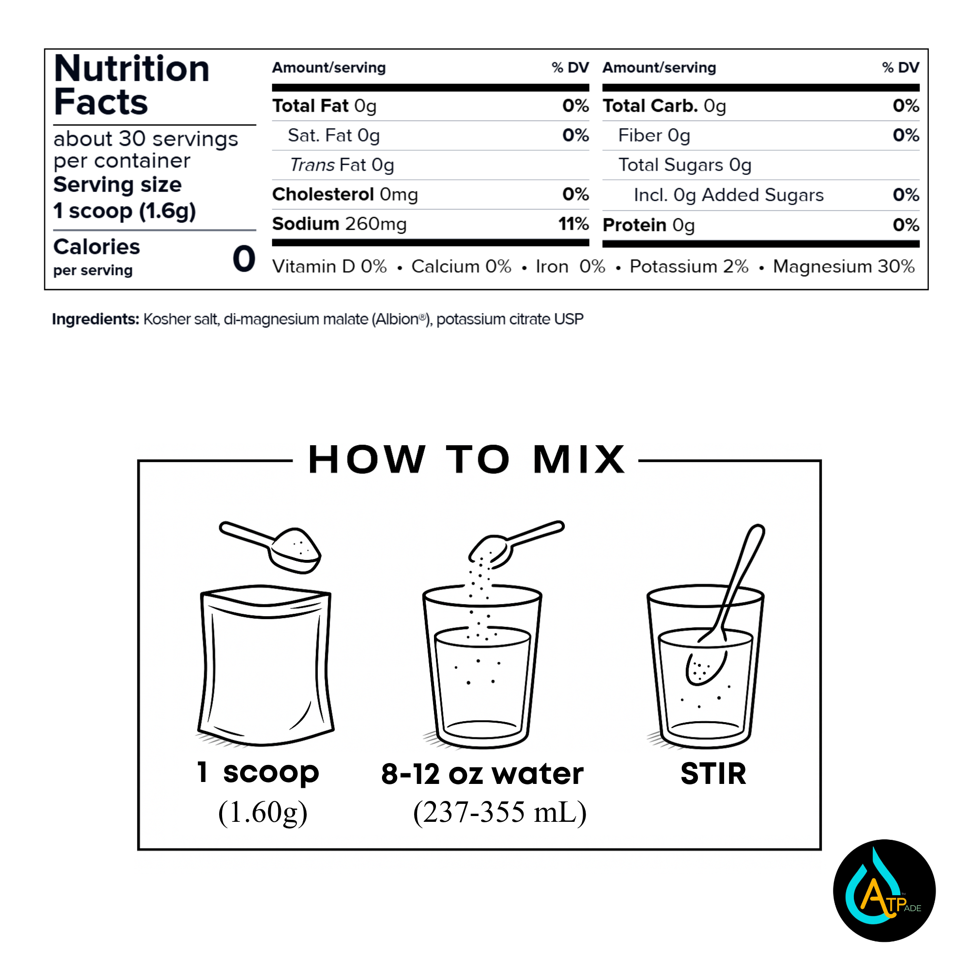 Nutrition facts label and mixing instructions for a kosher salt product. The top section shows a nutrition facts panel with serving size 1 scoop (1.