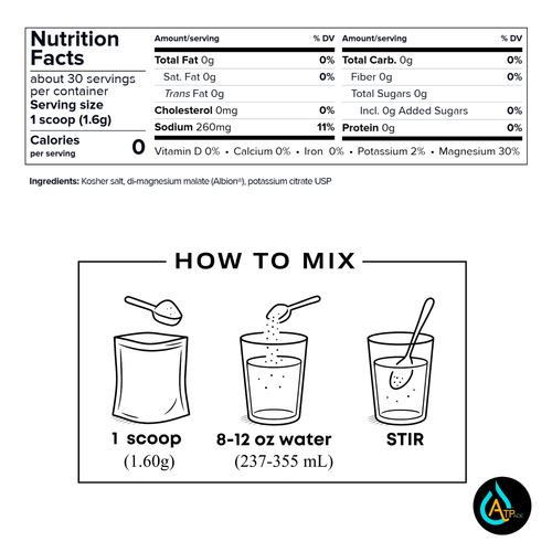 Nutrition facts label and mixing instructions for a kosher salt product. The top section shows a nutrition facts panel with serving size 1 scoop (1.