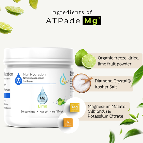 A white tub of ATPade Mg+ Hydration lime flavor supplement on a light cream background with floating lime slices and text callouts about ingredients including organic freeze-dried lime fruit powder, diamond crystal kosher salt, and magnesium malate.