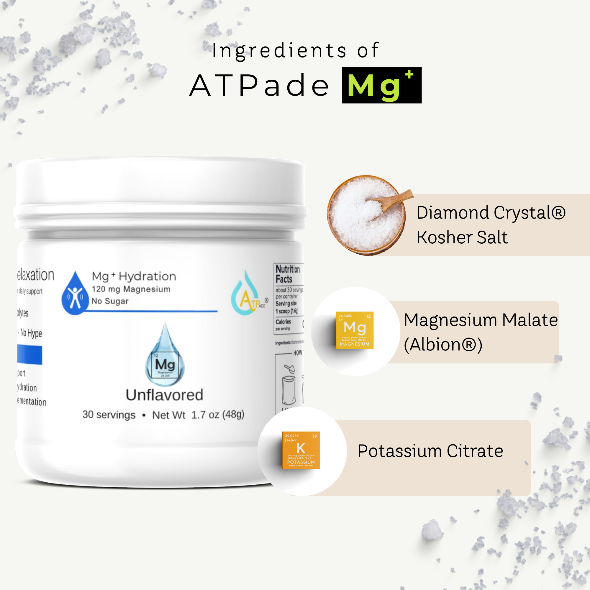 A white tub of ATPade Mg+ Unflavored magnesium hydration powder shown on a light cream background with ingredient callouts: Diamond Crystal Kosher Salt, Magnesium Malate (Albion), and Potassium Citrate.