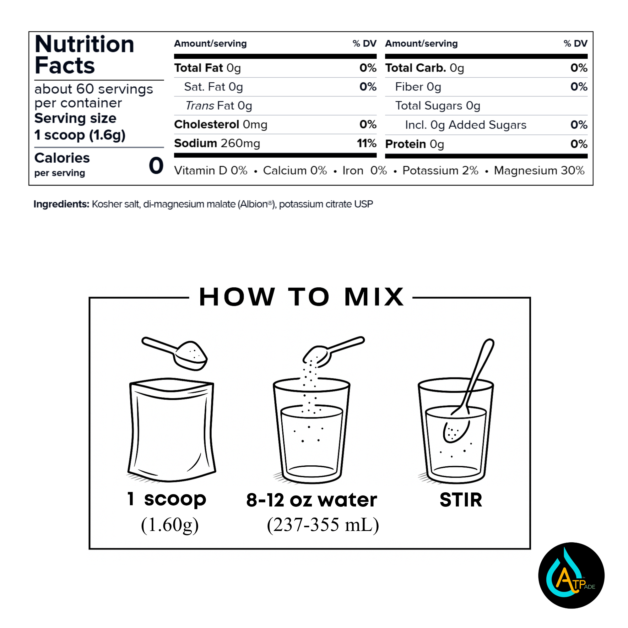 Nutrition facts and how-to-mix diagram for a kosher salt product. The top section shows a nutrition label with serving size 1 scoop 