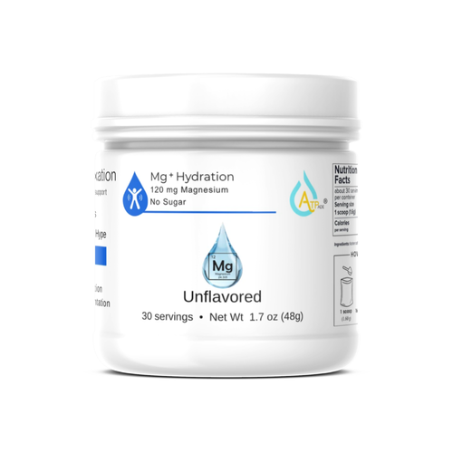 A white plastic tub of Mg * Hydration Unflavored magnesium supplement with a white label featuring blue and gray text and logos, set against a plain white background.