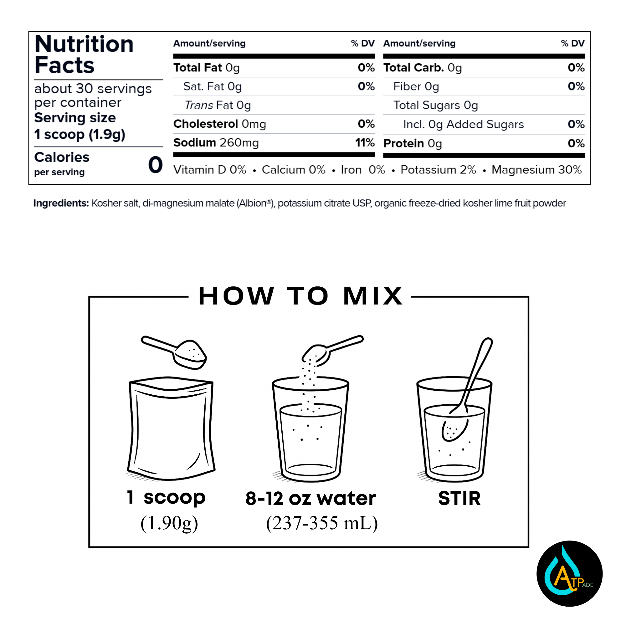 Nutrition facts and how-to-mix diagram for a kosher salt product. The top section shows a nutrition label with serving size 1 scoop (1.