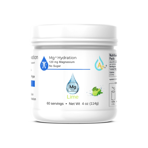 A white plastic tub of Mg* Hydration 120 mg Magnesium in Lime flavor, shown on a clean white background.