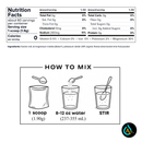 Nutrition facts label and mixing instructions for a kosher fruit powder product. The top section shows a nutrition panel with serving size 1 scoop (1.