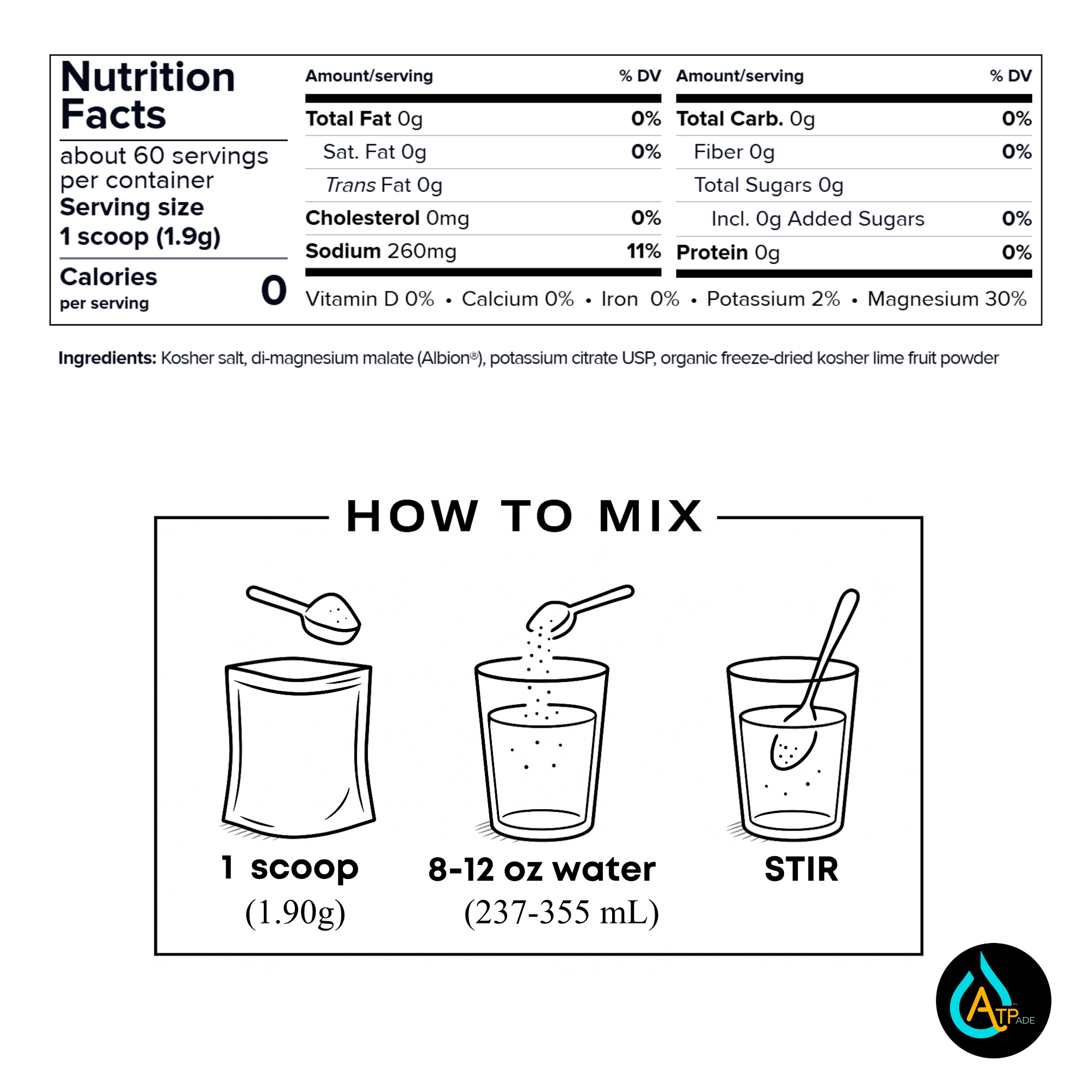 Nutrition facts label and mixing instructions for a kosher fruit powder product. The top section shows a nutrition panel with serving size 1 scoop (1.
