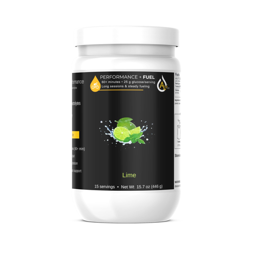 A white plastic supplement tub with a black label reading 'PERFORMANCE + FUEL' and 'Lime' on the front, shown on a plain white background.