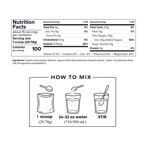 Nutrition facts label and mixing instructions for a scoop-based drink mix. The top section shows a Nutrition Facts panel with serving size 1 scoop (29.