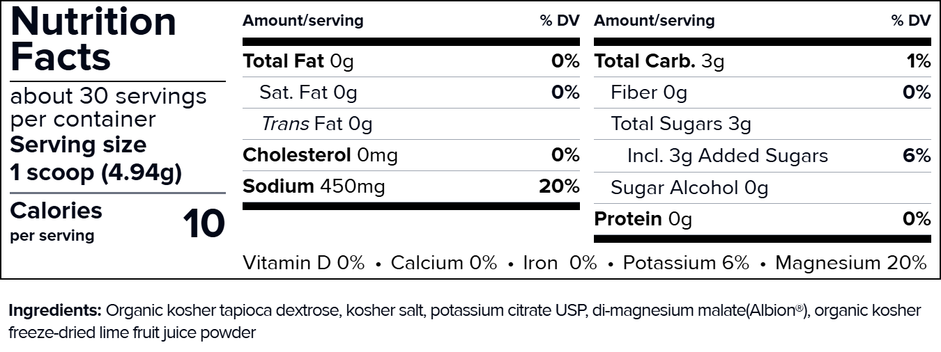 A Nutrition Facts label for organic kosher taccapa dextrose, kosher salt, potassium citrate USP, di-magnesium malate(Albion[+]), and organic kosher powder spice fruit juice powder. The label shows a white background with black text and a blue vertical stripe on the left side.