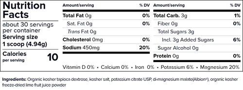 A Nutrition Facts label for organic kosher taccapa dextrose, kosher salt, potassium citrate USP, di-magnesium malate(Albion[+]), and organic kosher powder spice fruit juice powder. The label shows a white background with black text and a blue vertical stripe on the left side.