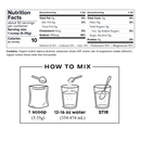 Nutrition facts label and mixing instructions for a dried fruit powder product. The top section shows a black nutrition panel with serving size, calories, and macronutrient content.