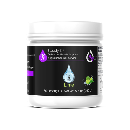 A white plastic tub of Steady K+ Cellular & Muscle Support in the Lime flavor, featuring a black label with purple and white text and graphics.