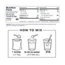 Nutrition facts label and mixing instructions for a powdered drink mix. The top section shows a Nutrition Facts panel with serving size 1 scoop (13.