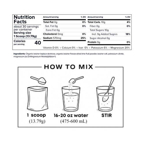 Nutrition facts label and mixing instructions for a powdered drink mix. The top section shows a Nutrition Facts panel with serving size 1 scoop (13.