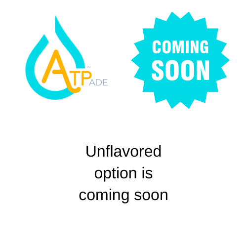 Placeholder graphic with an ATPade logo, a bright blue 'COMING SOON' burst, and the text 'Unflavored option is coming soon' on a white background.